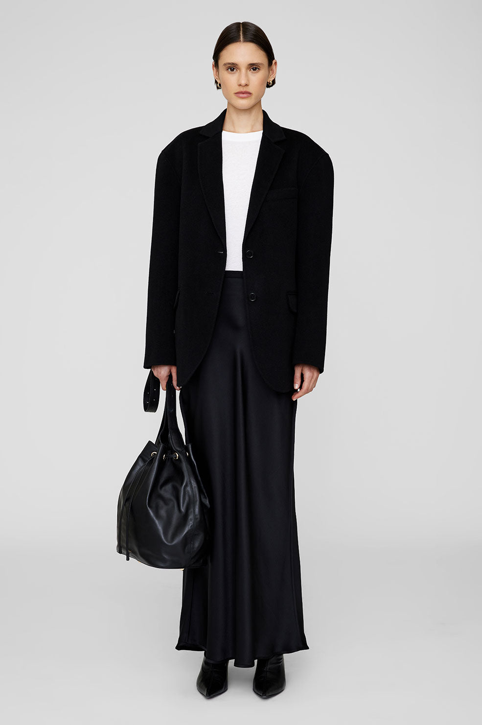 ANINE BING Bar Silk Maxi Skirt - Black - On Model Front Second Image